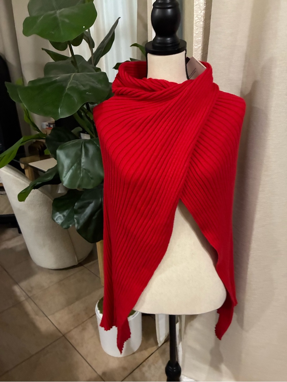 Red Ribbed Wrap Sweater Poncho - Women